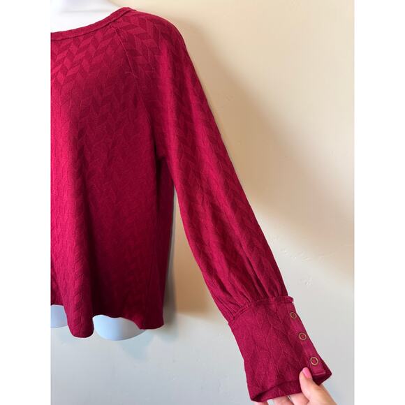 CAFFÉ MARRAKESH XL Berry Chevron Textured Henley Blouse Top Balloon Sleeve Tunic - Picture 5 of 10